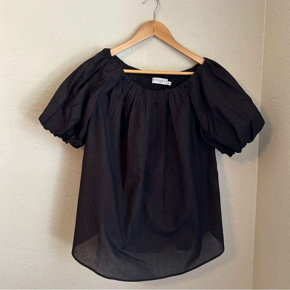 NWT, Harshman Keiko Smocked Puff-Sleeve 100% Cotton Blouse in Black, Size Medium - Picture 9 of 9